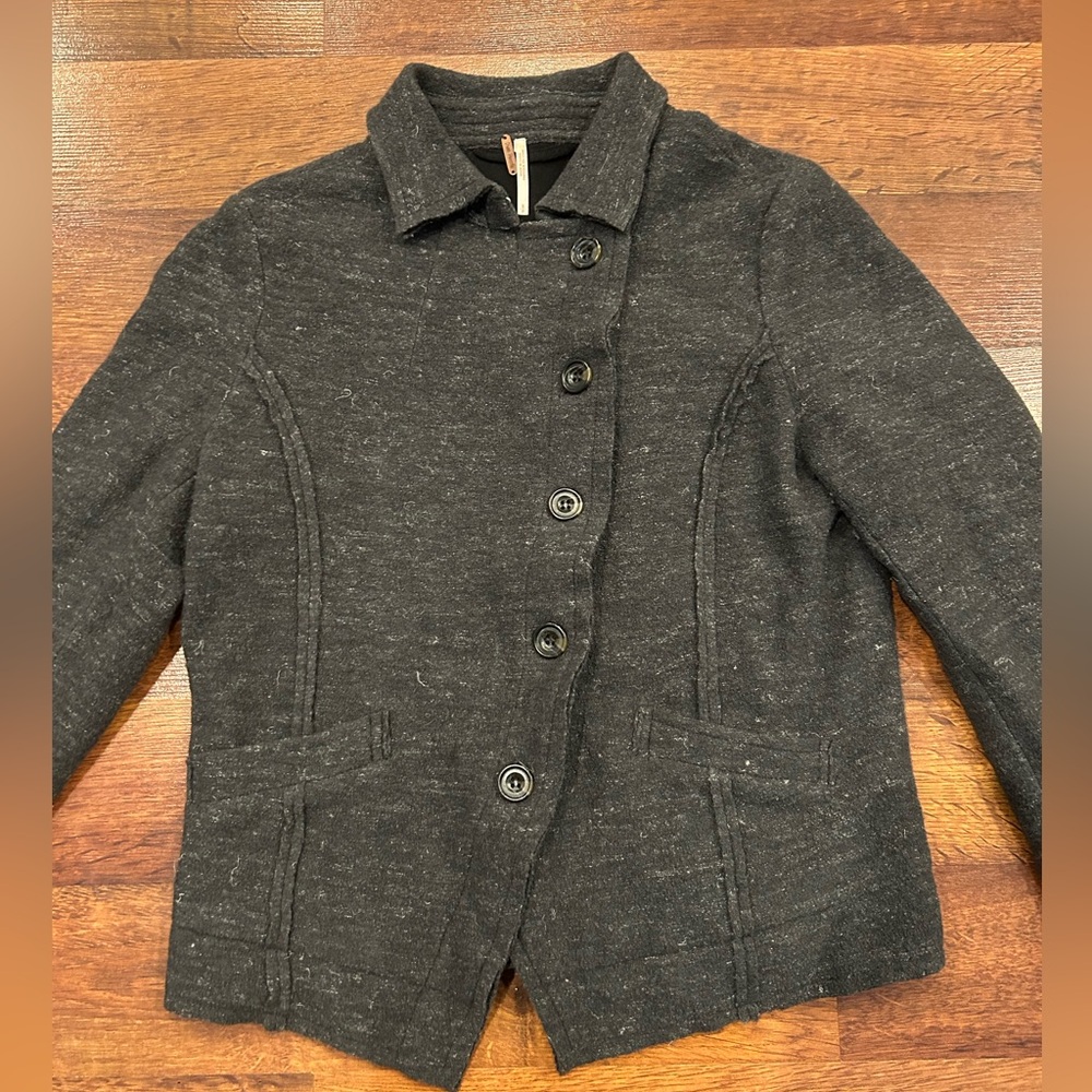 Free People Small Boho Grey Wool Jacket Button Closure Light Coat